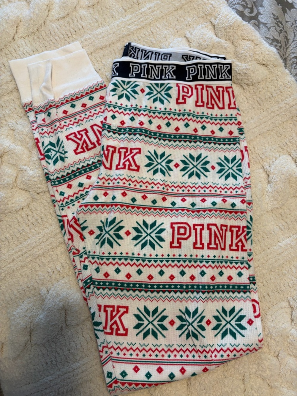 M| PINK Victoria's Secret Women’s White Holiday Fair Isle Pajama Leggings